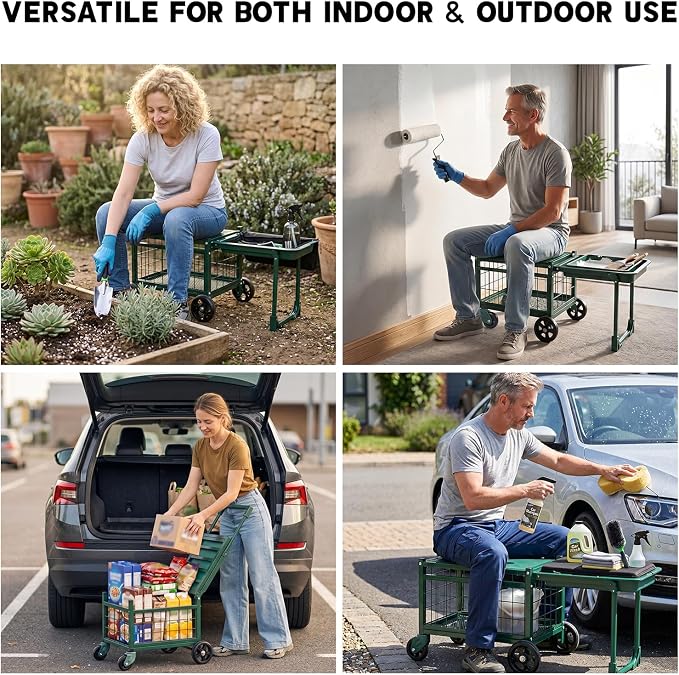 Garden Cart with Seat and 360° Swivel Wheels, Rolling Garden Work Seat with Workbench, Metal Storage Basket, and Tool Bag, Heavy Duty Gardening Carts and Wagons for Seniors