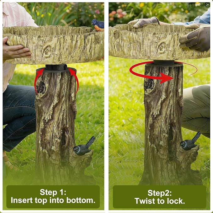 SKYFIRE Bird Baths for Outdoor - 24.4" Tall Pedestal Birdbath with Bird, Fibre Reinforced Concrete with Woodland Tree Trunk Décor Modern and Durable,Bird Bath for Outside, Garden, Patio,Lawn,Backyard