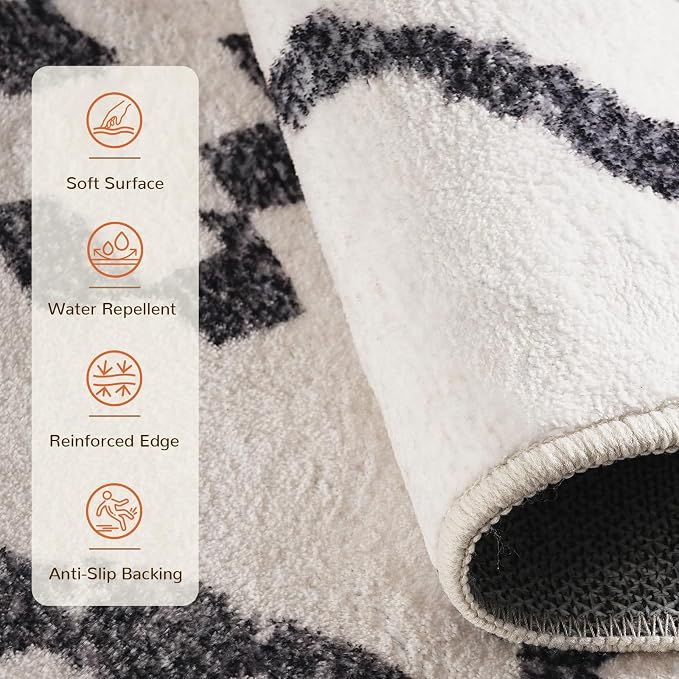 2'x6' Washable Area Rug for Living Room Runner White Black | Soft Western No Slip Low Pile Print Foldable Indoor Small Rug for Kitchen entrance entryway hallway