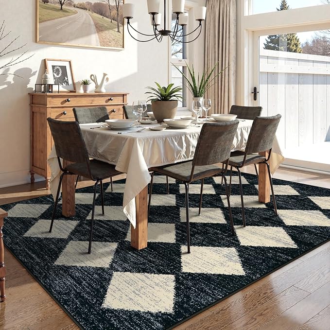 Checkered Area Rug 8x10 Black, Washable Non Slip Modern Living Room Bedroom