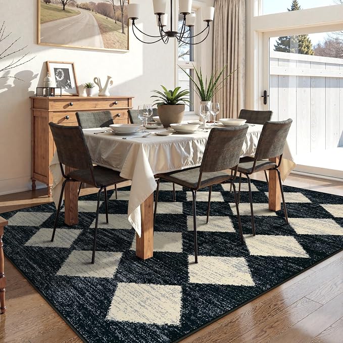 Lahome Machine Washable Area Rug 6x9, Soft Large Bedroom Rug Non Slip Living Room Rugs Dining Room Rugs for Under Table, Moroccan Trellis Printed Black and White Indoor Carpet for Den Dorm Playroom