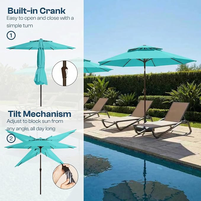 10FT Patio Umbrella, 2 Tier Outdoor Table Umbrella, Large Vented Market Umbrellas with Push Button Tilt and Crank, 8 Sturdy Ribs for Backyard, Deck, Pool, UPF50+ UV Protection