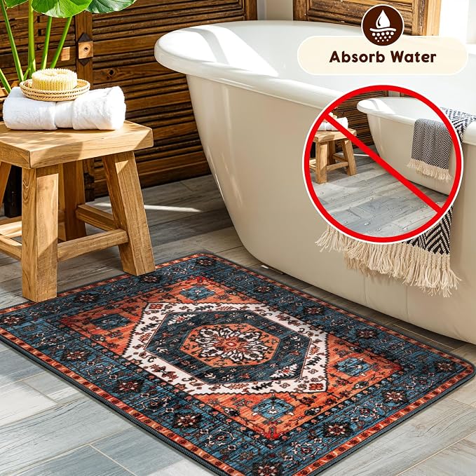 LBRO2M Machine Washable Rug Soft Pet Friendly Carpet 2X3 Rust Teal | Persian Rug 2X3 for Entryway, Kitchen, Bathroom Non Slip Carpet, Foldable Stain Resistant Rugs