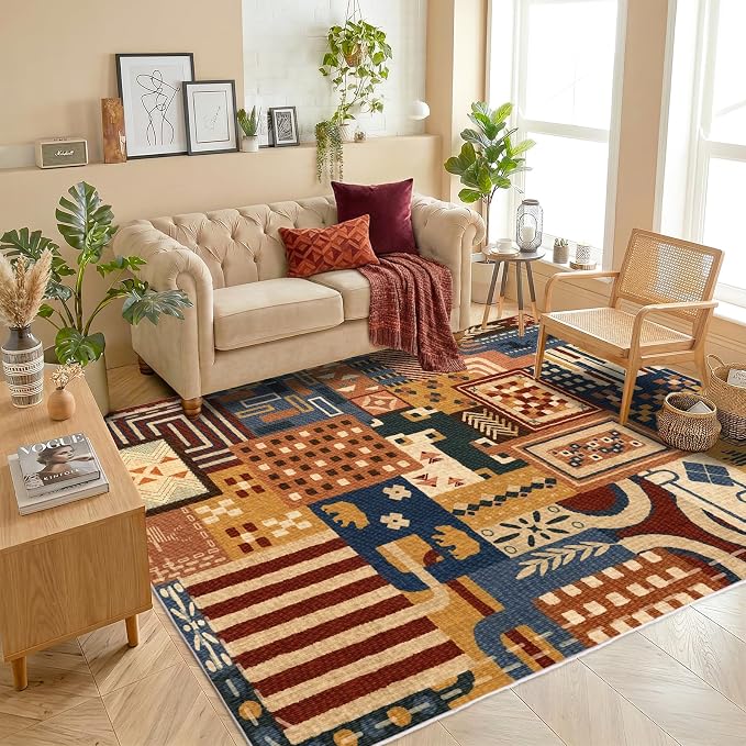 5x7 Living Room Area Rug, Washable Navy Rust Animal Patchwork Design | Soft Faux Wool Low-Pile Rug with Non-Slip TPR Backing for Living Room, Bedroom, Dining Area and Home Office