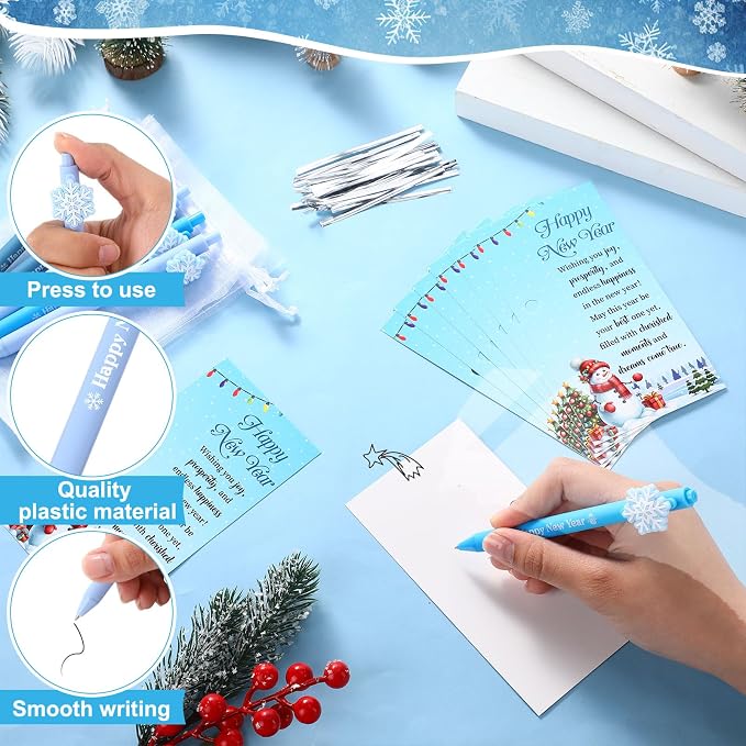 Marspark 30 Set Winter New Year Gifts Bulk Christmas Ballpoint Pens and Greeting Cards Set with Bag Twist Ties for Employee Coworker Teacher Student School Office Home Party Favor