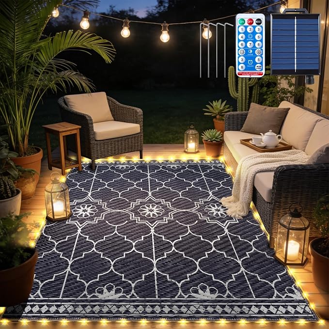 6x9Ft Outdoor Rug, Solar Powered Outdoor Rug with 94LEDs Strip Lights for House Deck, Waterproof Plastic Reversible Outdoor Straw Rugs, Rugs Mat RV Camping Patio Beach Balcony Picnic (Blue White)