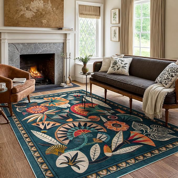 Zealude Boho Egypt Green Area Rugs for Living Room Bedroom, 5x7 Washable Large Dining Room Rug Non Slip, Floral Vintage Farmhouse Throw Carpet for Office Hardwood Floor Playroom (Dark Green,5 x 7)