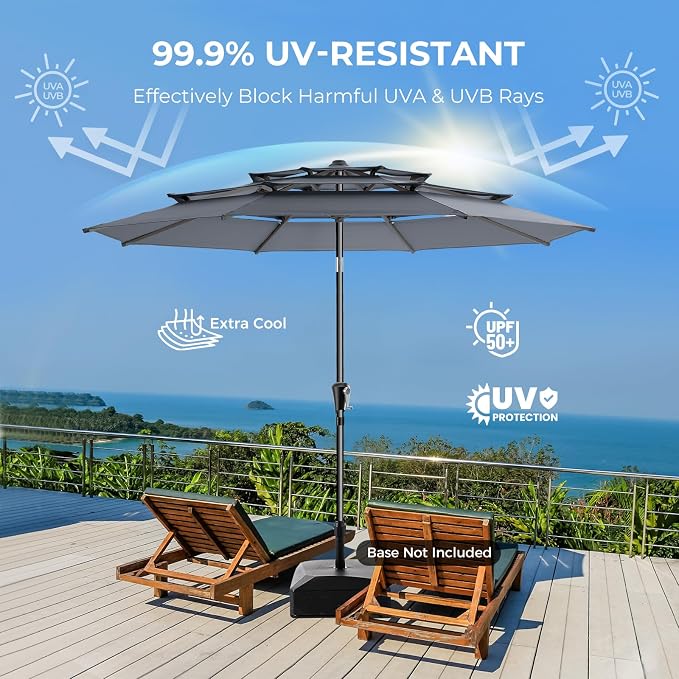 HOMSHADE 9FT 3-Tiers Outdoor Patio Umbrella with 5-Year Fade Resistant,Vented Outdoor Commercial Market Umbrella with UPF50+ UV Protection & Push Button Tilt and Crank for Pool,Backyard(Grey)