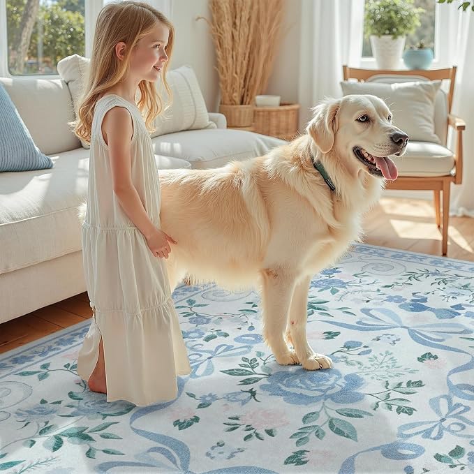 DCX Washable 4x6 Bow Rug, Blue Floral Rug for Girls’ Bedroom, Cute Soft Low Pile Indoor Décor Carpet, Kid & Pet Friendly Nursery Rug for Living Room, Dorm, Playroom