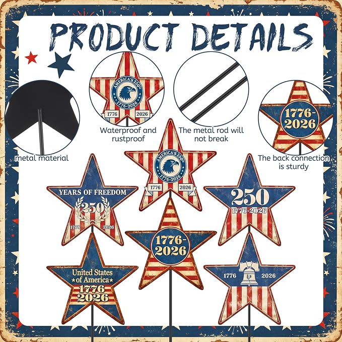 Pickmesh 6 Pcs 250th Anniversary America Yard Sign 4th of July Outdoor Decor 12" H Patriotic Metal Yard Sign Garden Stake Star 250th Anniversary USA 1776-2026 Outdoor Lawn Decor for Independence Day