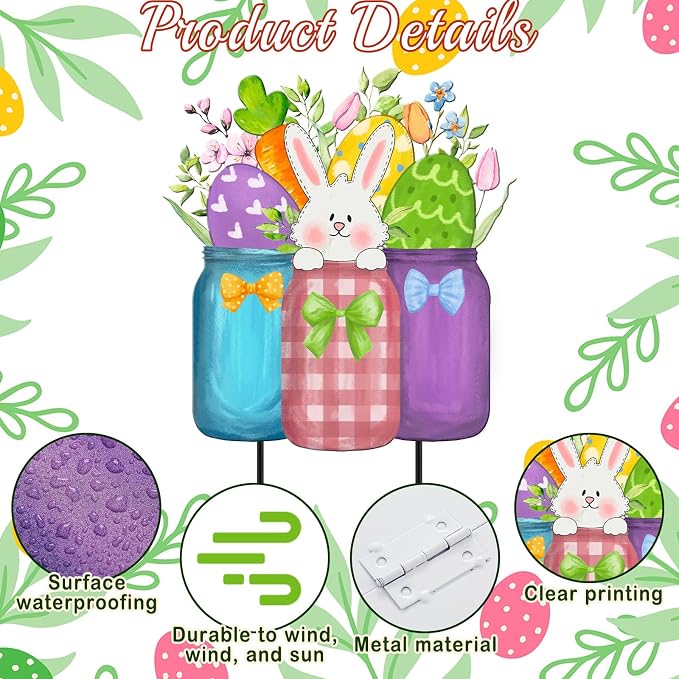 MorningRo Easter Yard Decor Outdoor, 26" Cute Bunny Metal Decorations, Easter Metal Yard Stakes Sign Bunny Mason Jar Garden Stake for Outdoor Spring Holiday Pathway Home Lawn Garden Sign Decor