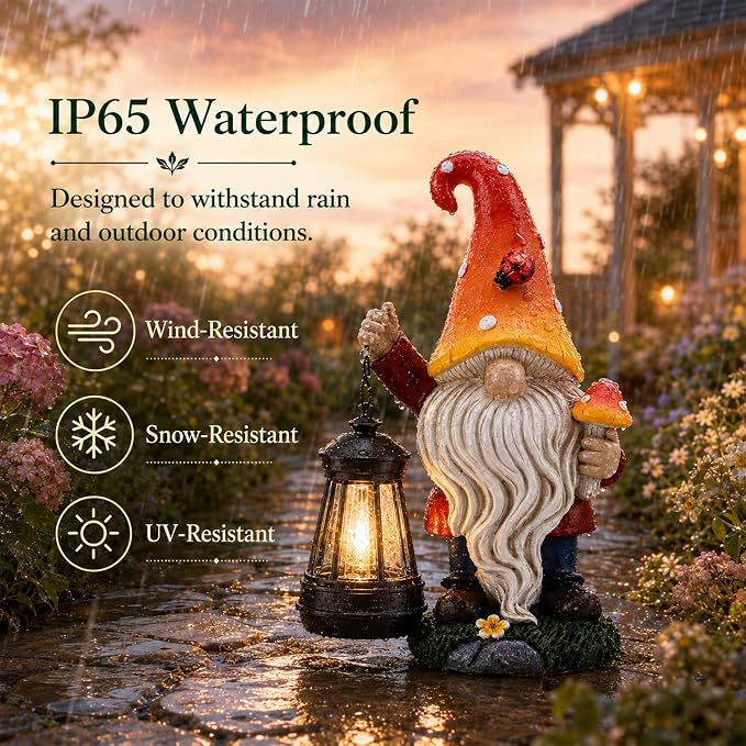Solar Garden Gnome Statue : Mushroom Outdoor Lantern Decor | Waterproof Resin,Figurine Lights,Yard Lawn Porch Balcony Patio Home Decorations,Gifts for Mom Women Grandma