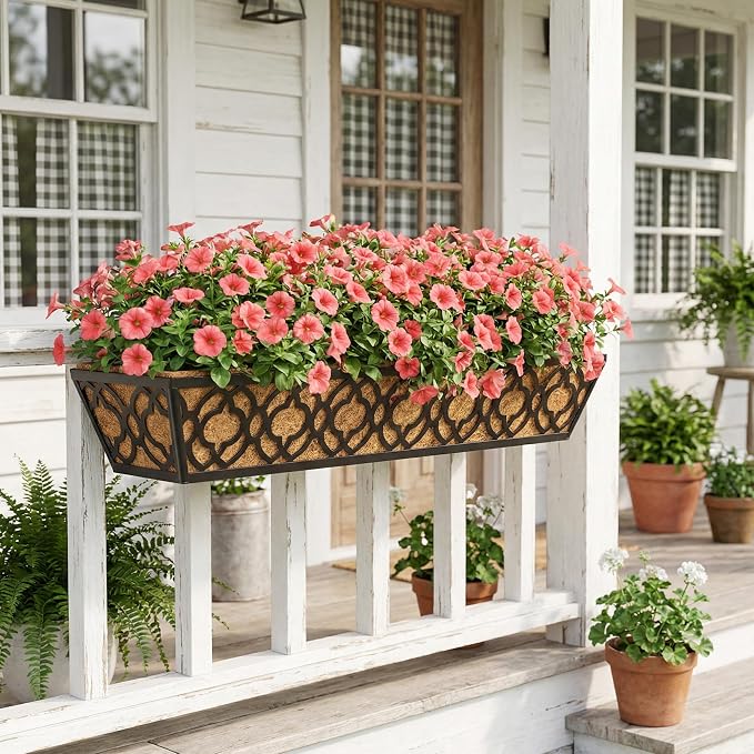 Y&M 4-Pack 30 Inch Railing Planter Boxes 24 Inch 2 Pack, Hanging Balcony Planter, Adjustable Deck Railing Planter Box, Metal Window Boxes Outdoor for Fence, Porch Flower Pots Holder