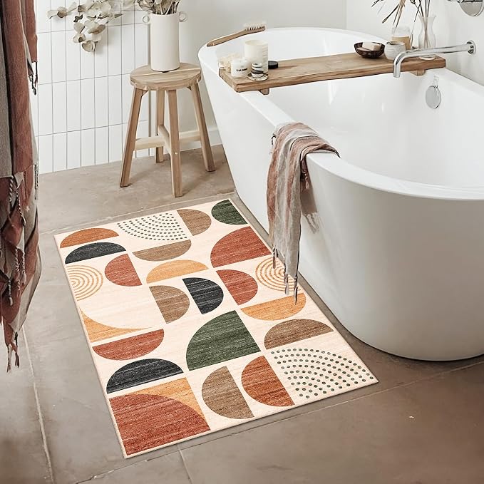 Small Rug Washable,Boho 2x3 Area Rugs Non Slip Modern Abstract | Machine Washable Throw Carpet for Entryway Bathroom Entry Entrance Bedroom Kitchen Soft Low Pile Indoor Bohemian Terracotta
