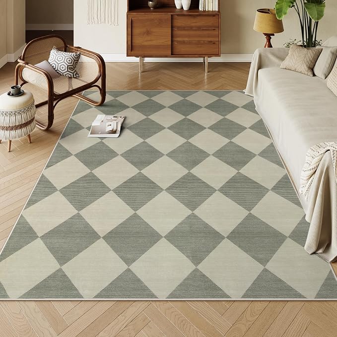 Beeiva Checkered Print 5x7 Rugs for Living Room, Non Slip Soft Green Rugs for Bedroom Ultra Thin Washable Rugs 5x7, Moroccan Farmhouse Carpet for Playroom Kids Room, Classic Classroom Dorm Home Decor