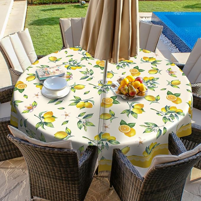 Lemon Outdoor Tablecloth with Umbrella Hole 60" x 60" Waterproof Zipper Table Cloth for Patio Table - Ideal Tablecloths for Picnics, Camping, and Yard Use