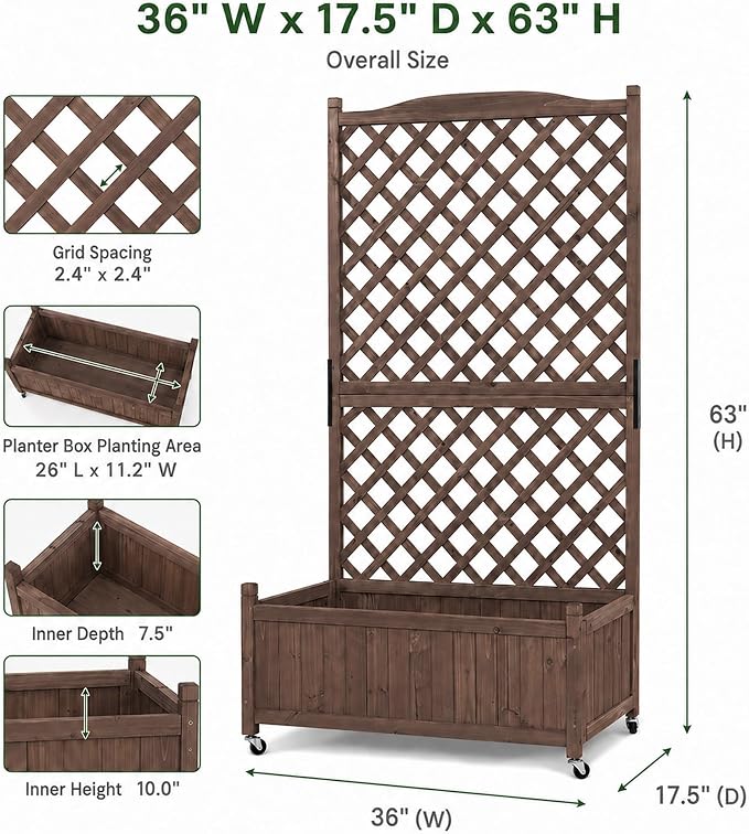 Trellis Raised Garden Bed with Wheels Trellis for Climbing Plants Outdoor | 63"H × 36"W × 17.5"D Tall Lattice Privacy Screen with Drainage Holes