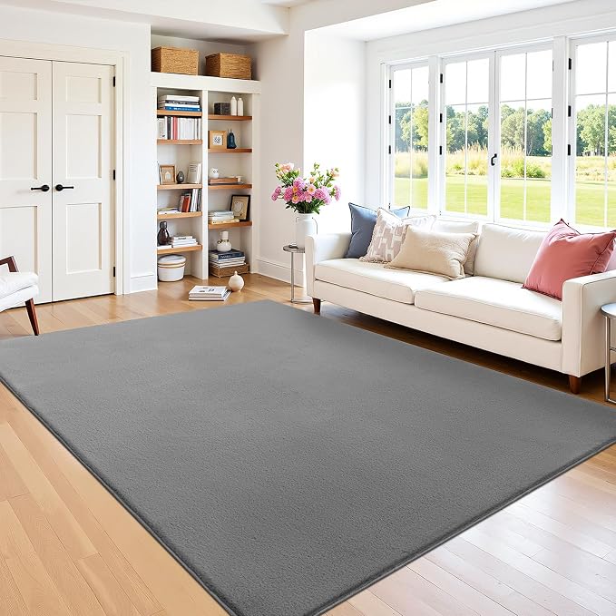 SHACOS Ultra Soft Faux Rabbit Fur Area Rug 5'x7', Non Slip Washable Padded Living Room Rugs, Fluffy Cozy Indoor Modern Carpet for Bedroom Dining Room Kids Room Dorm Home Decor, Grey
