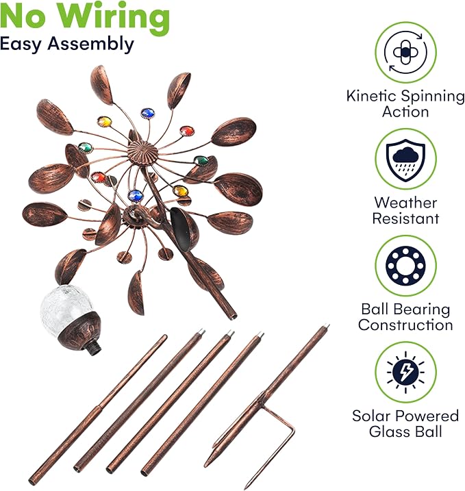 75-Inch Wind Spinners Jewel Cup - Solar-Powered with Multi-Color LED Glass Ball - Metal Kinetic Windmill for Dual Wind Direction - Easy to Assemble Garden and Outdoor Yard Decorations