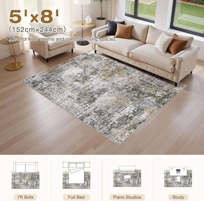 kakania Abstract 5x8 Area Rugs for Living Room: Washable Rugs Black Gold | Soft, Non-Slip, Low-Pile, Pet & Kid Friendly - Modern Home Decor Carpet for Bedroom/Dining Room/Office/Nursery