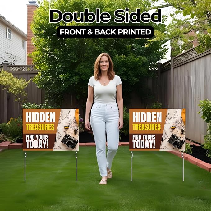 Hidden Treasures - Find Yours Todday! Yard Sign by DC | 24"x18" Double Sided Conv. Store Garden Sign with 13” Metal Stakes | Outdoor Signs Waterproof for Lawn, Patio, Sidewalk & House | Set of 4