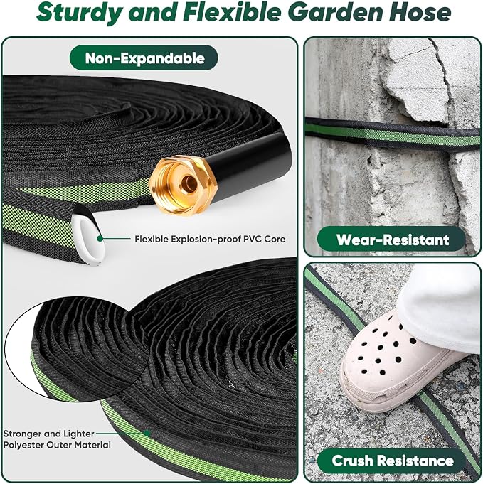 CXEZSIK Garden Hose 100ft Lightweight, Non-Expanding, Leak-Proof Metal Connector, No-Knot No-Tangle, Easy to Store and Carry, Wear-Resistant, 3/4GHT Flexible Water Hose for Yard, Outdoor (Black Green)