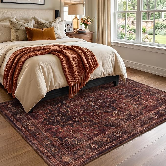 Dark Red 5x7 Area Rugs for Living Room, Washable Non Slip Bedroom Rug with Moody Distressed Medallion Printed, Traditional Oriental Low Pile Thin Carpet Rugs for Dining Room/Kitchen/Home Office