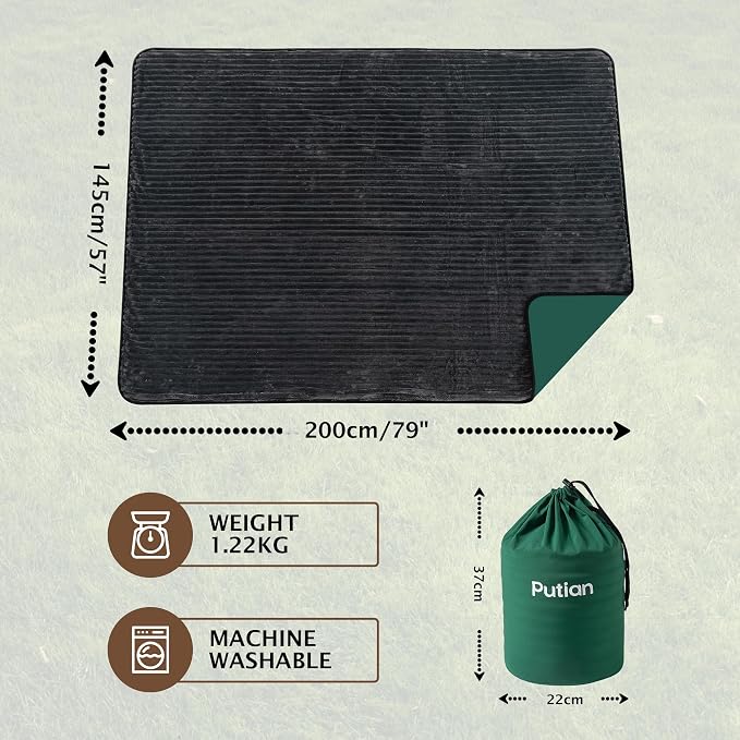 PuTian Waterproof Outdoor Blanket 79"X57" Packable, Stadium & Car Camping Blanket with Corduroy Fleece Lining, Windproof Throw for Picnic Hiking Road Trip, Machine Washable, Green 350GSM
