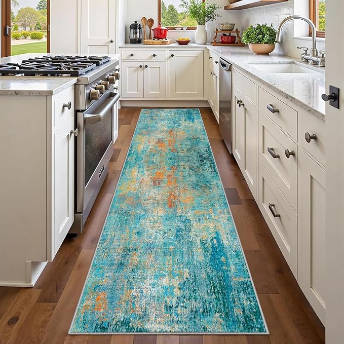 RELEANY Washable Runner 2'x6' Abstract Area Rug for Hallway Teal Multi | Carpet for Kitchen, Entryway, Bathroom, Living Room, Bedroom, Printed Pattern, Non‑Slip, Soft, Stain‑Resistant, Easy to Clean