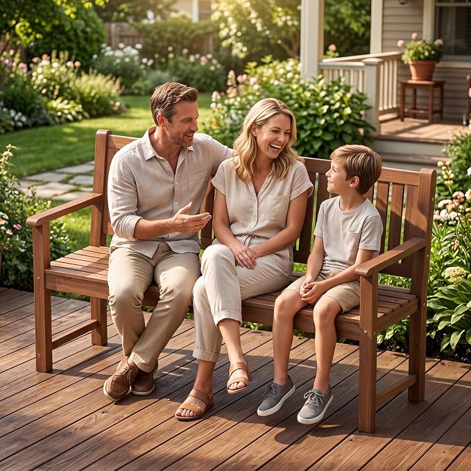 Tangkula 3-Seater Outdoor Wooden Bench, 59” Large Garden Bench with Backrest, Armrests, Slatted Seat, Loads up to 990 LBS, Fir Wood Bench Seating for Porch, Backyard, Deck, Poolside (59",Brown)