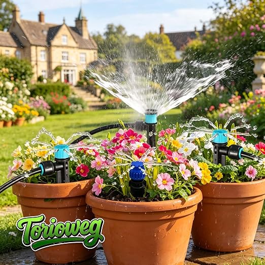 Brass Connector Drip Irrigation System, Quick-Connect Garden Watering System Kit with Adjustable 360° Umbrella & Drip Emitters for Greenhouse, Garden Grid, Lawn, Potted Plant (15FT+ 50FT)