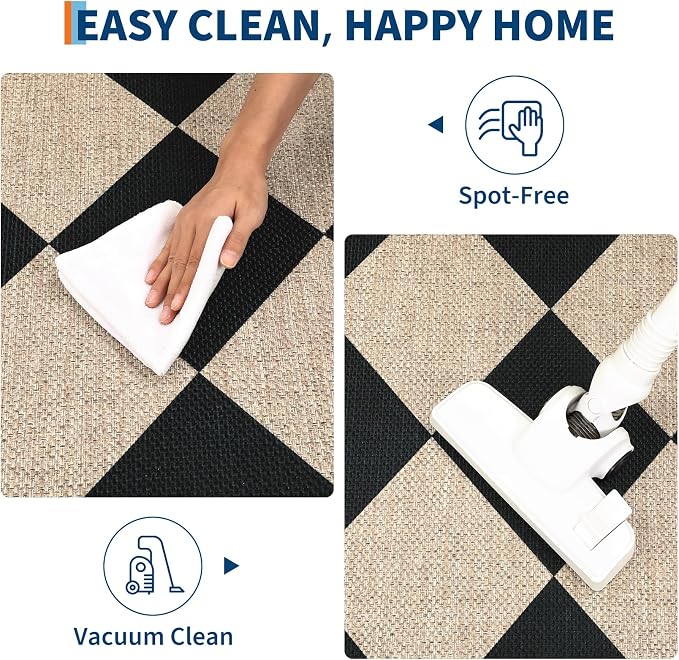 GarveeHome Easy Jute Rugs 2x8 Checkered Kitchen Runner Rugs Black | Non Skid Washable Stain Resistant Indoor Outdoor Rugs for Living Room, Bedroom, Dining, Patio - Farmhouse Style