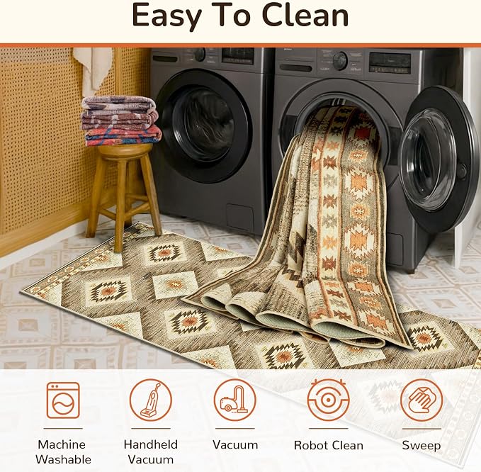 Area Rug 9x12 Machine Washable Non-Slip Low Pile Print Pattern Western Rug for Living Room Bedroom Entryway Tribal Series - Cream/Camel | Soft Western No Slip Low Pile Print Foldable Indoor for Kitchen Dining Room