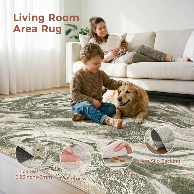 DMOYEST 6x9 Area Rug for Living Room Washable Abstract Indoor Carpet | Neutral Modern Low Pile Rugs Kid & Pet Friendly Soft Thin Carpet for Bedroom Dining Room and Office - Olive Green