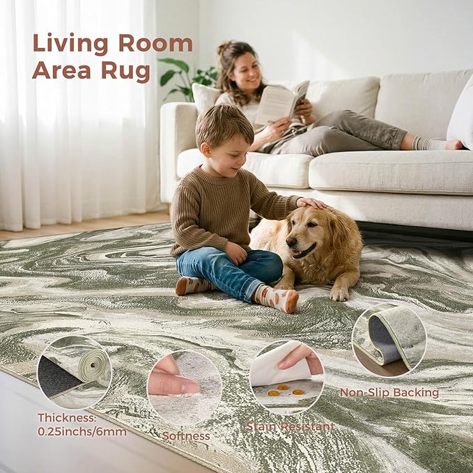 DMOYEST 8x10 Area Rug for Living Room Washable Abstract Indoor Carpet | Neutral Modern Low Pile Rugs Kid & Pet Friendly Large Soft Thin Carpet for Bedroom Dining Room and Office - Olive Green