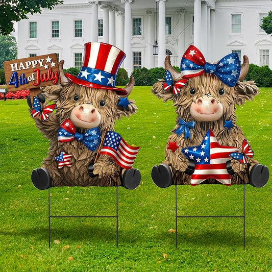 Amyhill 2 Pcs 4th of July Metal Outdoor Decor Garden Stakes Patriotic Highland Cow Welcome Yard Signs Decorations Red White Blue Garden Stakes for Independence Memorial Day Patio Lawn Walkway Outside