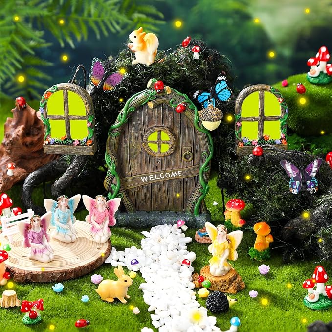 Thyle 47 Pcs Fairy House Garden Accessories Kit Glow in the Dark Mushroom House Resin Outdoor Village Door Window Figures Garden Miniature for DIY Room Wall Tree Outdoor Decorations