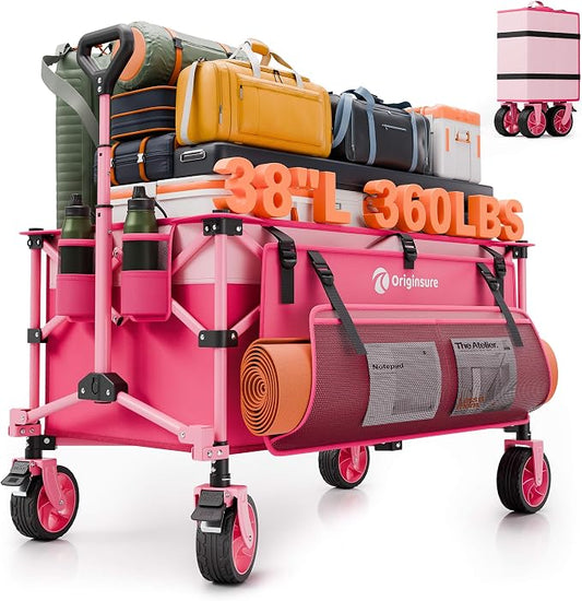 220L Collapsible Wagon Cart Foldable, 38" L Extra Large Heavy Duty Folding Beach Wagons with All-Terrain Wheels, Utility Carts for Camping, Sports, Shopping, Groceries - Pink