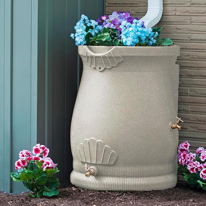 Good Ideas RWURN50-SAN 50 Gallon Rain Saver Wizard Barrel Water Storage Urn with Planter Space and 2 Brass Spigots, Sandstone