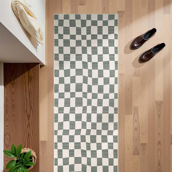 jinchan 2x5 Runner Rug Modern Checkered Geometric Lattice Hallway Rug, Grey | Soft, Non-Slip, Floor Carpet, Kid-Friendly, Kitchen, Nursery, Bedroom, Laundry Room, Entryway, Bathroom, Kids Room