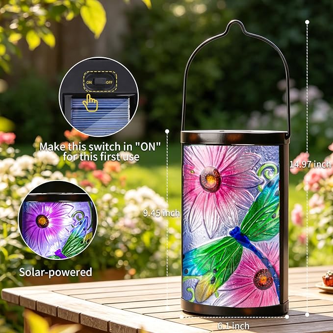 Solar Lantern Outdoor Waterproof Hanging Solar Lights Dragonfly Glass Decorative Lanterns for Outdoor Patio Lawn Outside Yard Garden Decor