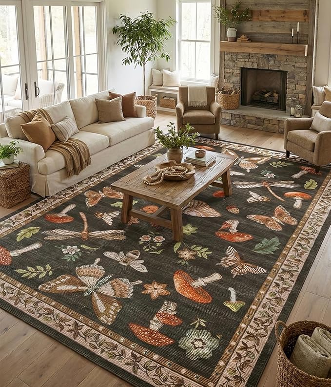 ROYHOME Mushroom Washable Rug 9x12 Area Rugs for Living Room, Insect Print Rug for Bedroom, Non Slip Throw Rugs with Rubber Back, Soft Low Pile Dining Room Under Table, Brown