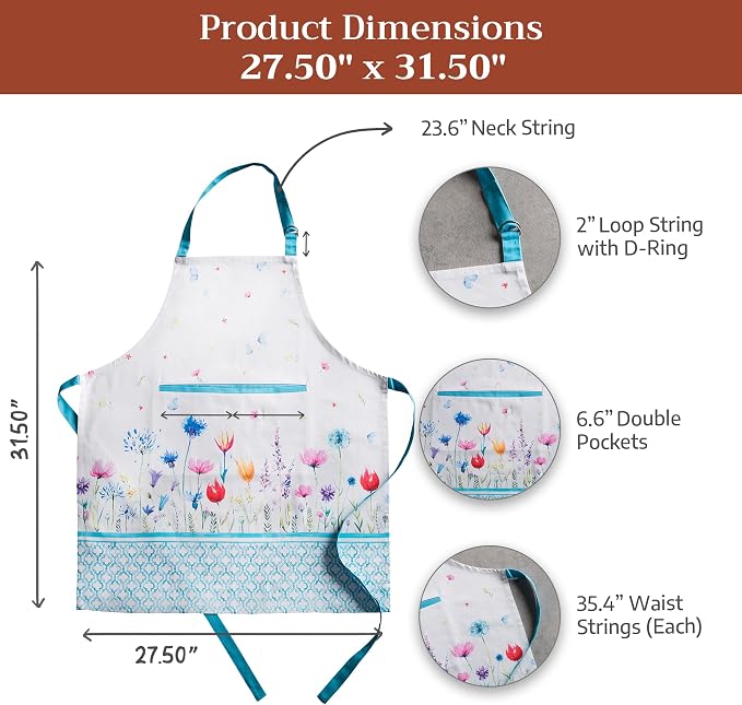 Maison d' Hermine Aprons for women with Pocket 100% Cotton (27.50"x31.50") | Adjustable Neck Strap & long ties Apron Men Chef Wedding Cooking Gardening Server Maid