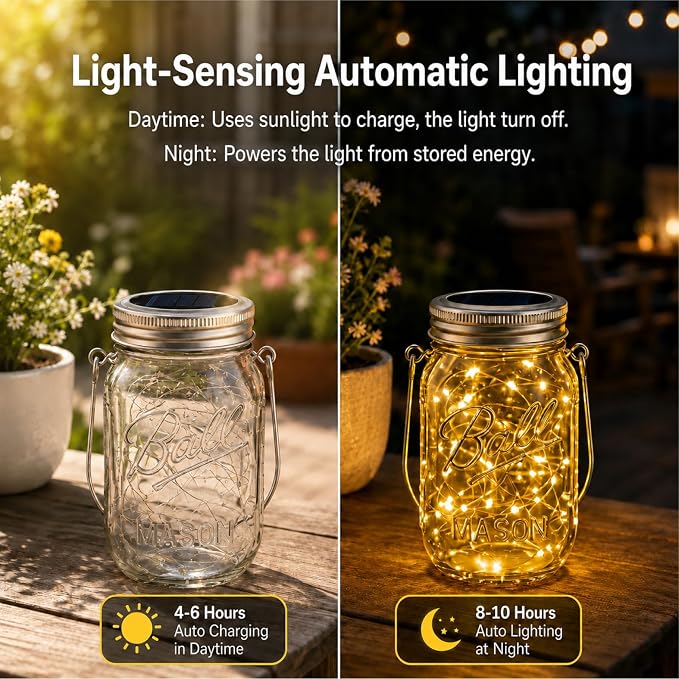 HXWEIYE 8 Pack Solar Mason Jar Lights Lanterns,Jars & Hangers Included，30LED Waterproof Hanging Outdoor Fairy Lights for Patio Garden Porch Yard Backyard Balcony Wedding(Warm White)