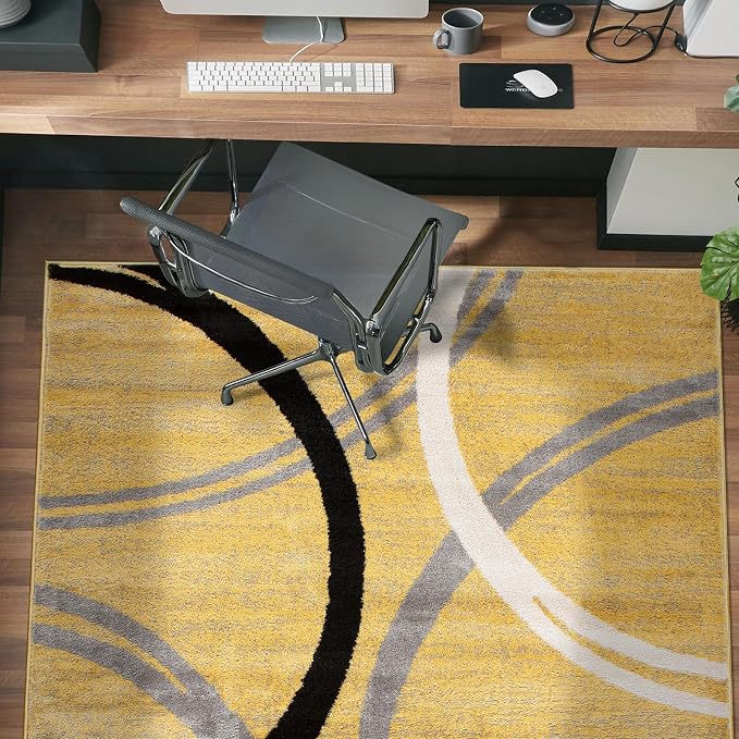 Rugshop Wavy Circles Jute Backing Living Room Area Rug Yellow 5'3" x 7'3" | Rectangular, Size 5'3" x 7'3", Bedroom, Dining Room, Home Office, Kitchen, Entryway, Hallway, Nursery, Kids Room, Guest Room