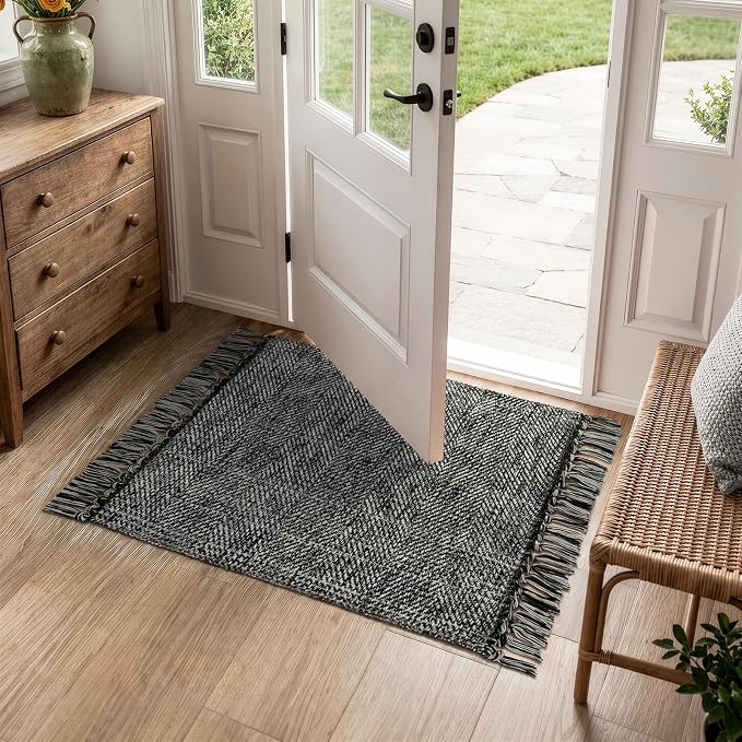 Black Bathroom Rug, 2' x 3' Hand-Woven Washable Small Kitchen Rugs, 45% Cotton, 45% Polyester, 10% Viscose - Cotton Reversible Entryway Rug Modern Farmhouse Carpet for Foyer Bedroom Back Door | Modern Farmhouse Braided Entryway Rug, Small Reversible La...