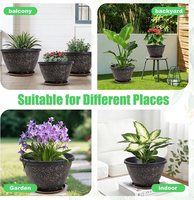 Nooulap 6 Pack 8 Inch Plant Pot, Flower Pots for Indoor Outdoor, Durable Decorative Planters for House Garden Plants Herbs Flowers Succulents, Antique Gold Firework Embossed Design