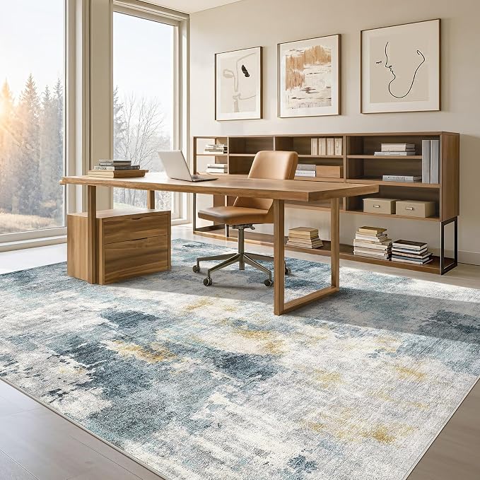 Tortania Washable 10x14 Area Rug for Living Room: Modern Abstract Neutral Large Soft Thin Rugs - Non Slip Indoor Carpet for Bedroom Dining Room Office Nursery Home Floor Decoration - Blue