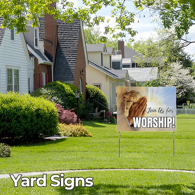 Join Us for Worship! Yard Sign by DC | 24"x18" Double Sided Church Garden Sign with 13” Metal Stakes | Outdoor Signs Waterproof for Lawn, Patio, Sidewalk & House | Set of 2 | Made in USA
