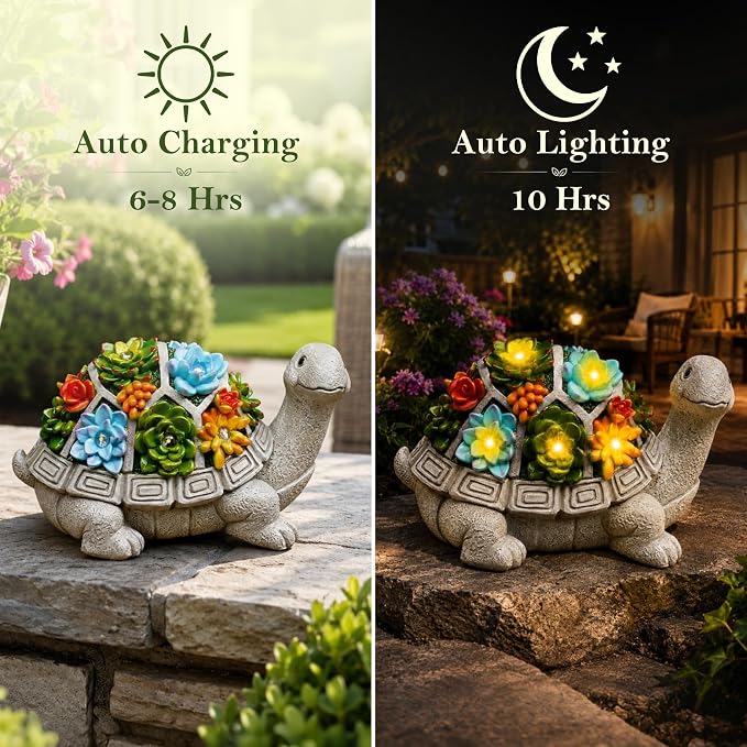 Solar Garden Outdoor Statues Turtle with Succulent | 7 LED Lights, Lawn Decor Statue for Patio, Balcony, Yard Ornament, Gifts for Mom Grandma Women
